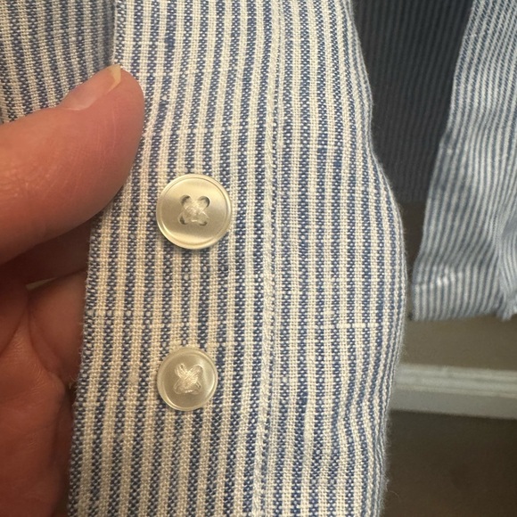 LINEN LANDS END Blue White Stripe Men’s Long Sleeve Button Up Vacation SZ XL EUC - Picture 10 of 13